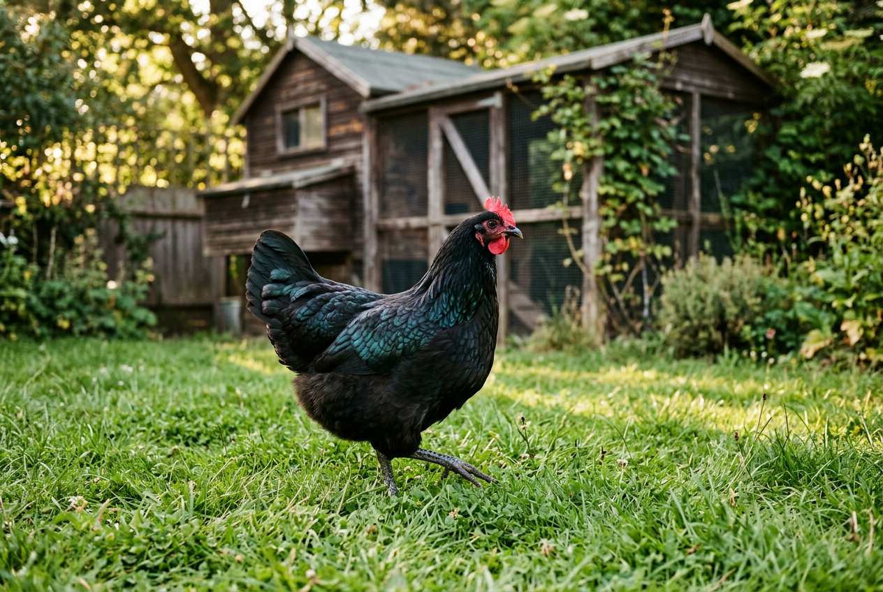 A Black Australorp hen with glossy black plumage showing a green sheen in sunlight, standing on grass in front of a wooden coop