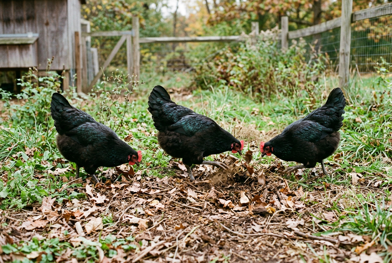 Three Black Australorp hens scratching and foraging through grass and leaf litter in a spacious backyard run
