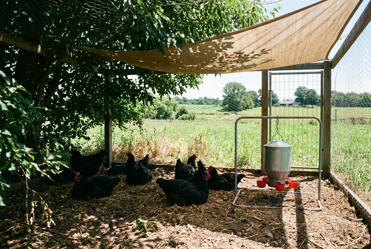 Black Australorp hens resting in deep shade beneath a leafy tree and shade cloth over a chicken run on a hot, bright summer day