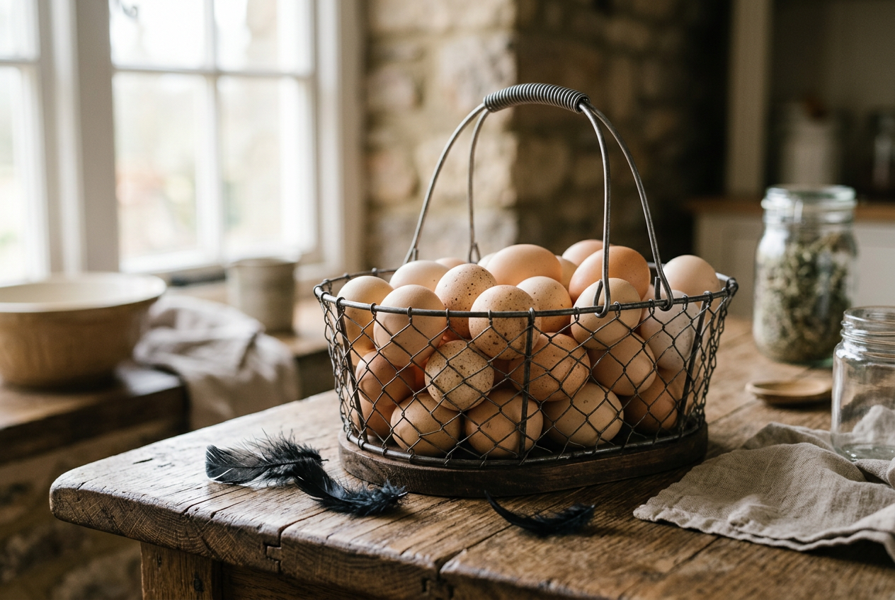 A wire basket filled with medium-to-large tinted and light-brown eggs on a rustic wooden farmhouse table in soft window light