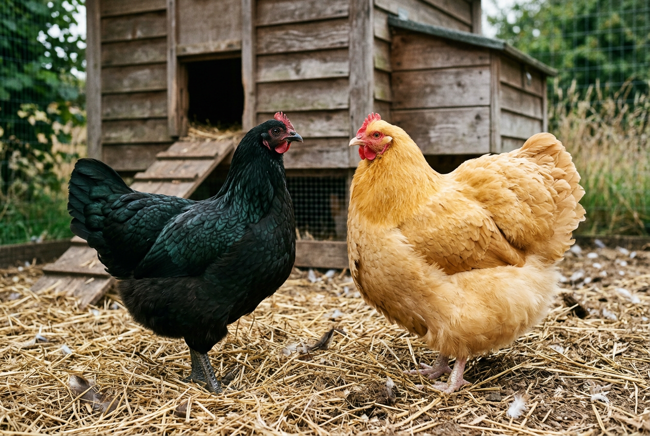 A trim, glossy Black Australorp hen standing beside a larger, rounder, fluffier golden Buff Orpington hen on straw in front of a wooden coop