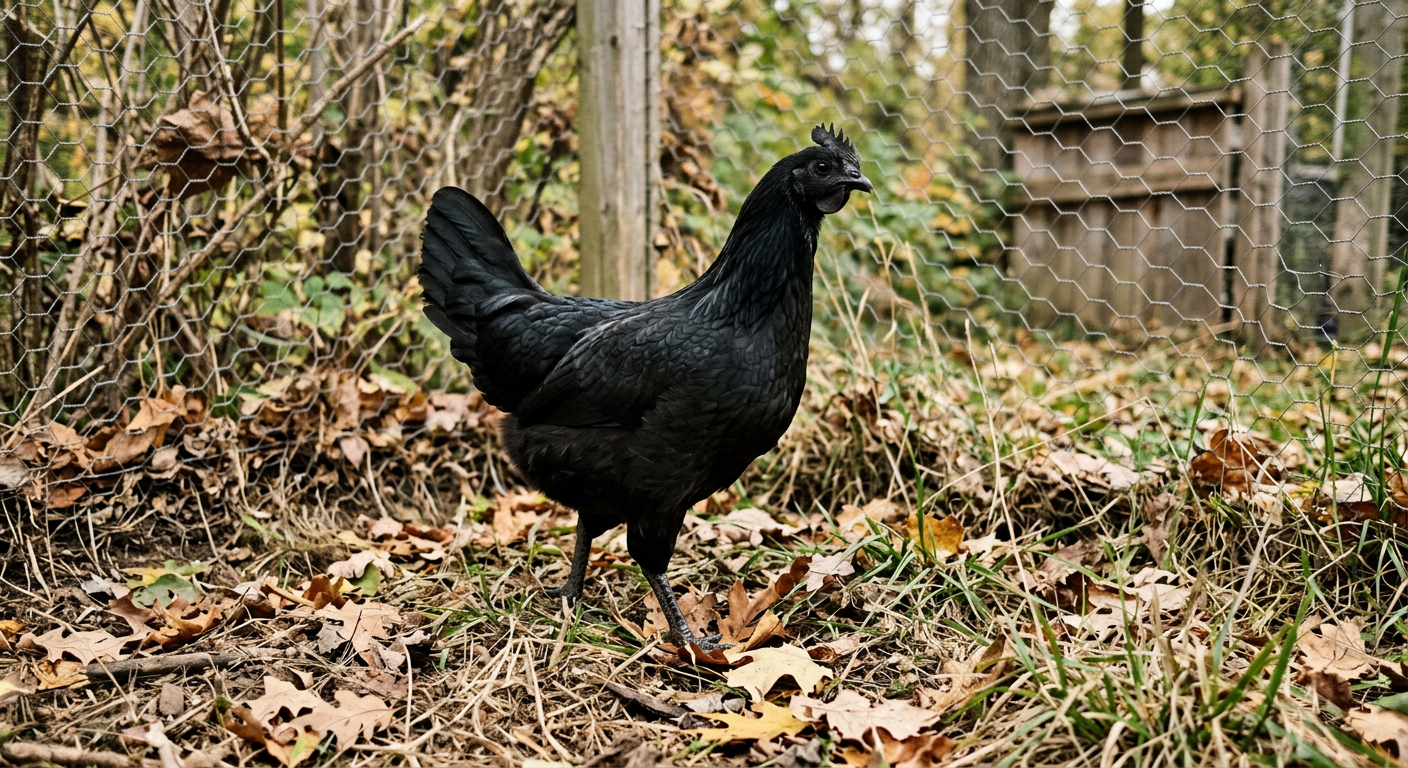 A lean, upright black Ayam Cemani hen foraging among leaves in a fenced backyard run
