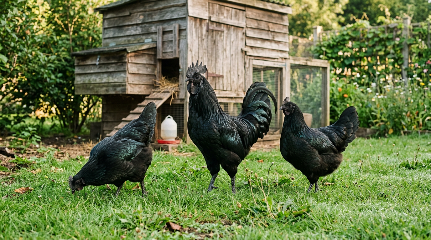 An all-black Ayam Cemani rooster and two hens on grass in front of a wooden backyard coop