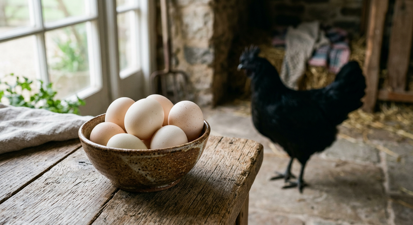 A bowl of pale cream chicken eggs on a wooden table with an all-black Ayam Cemani hen behind it
