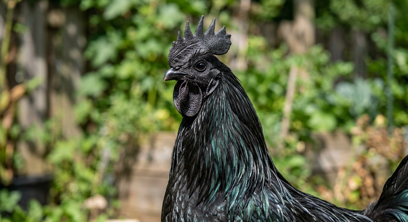 An Ayam Cemani rooster in sunlight with black comb and wattles and an iridescent green sheen on its feathers