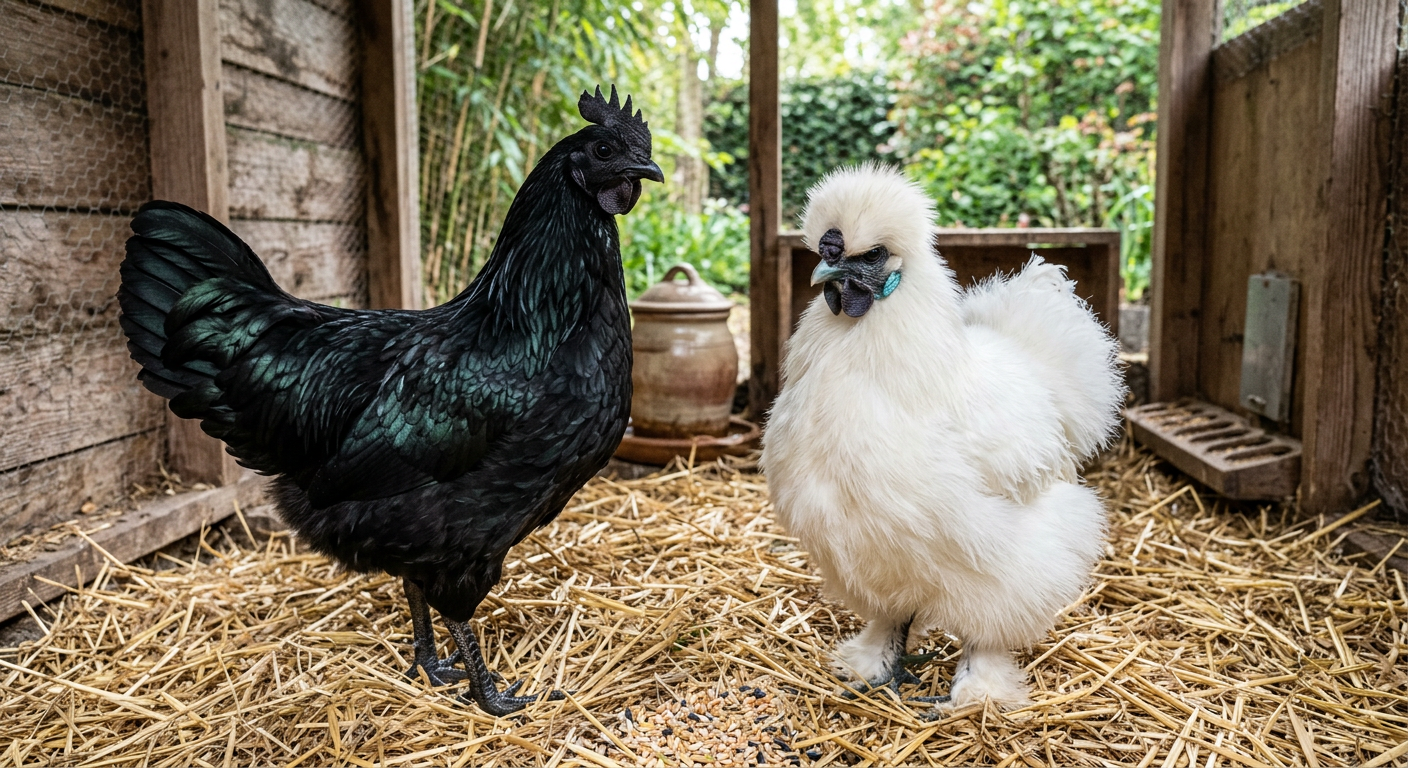 A sleek black Ayam Cemani hen standing beside a fluffy white Silkie with a dark face