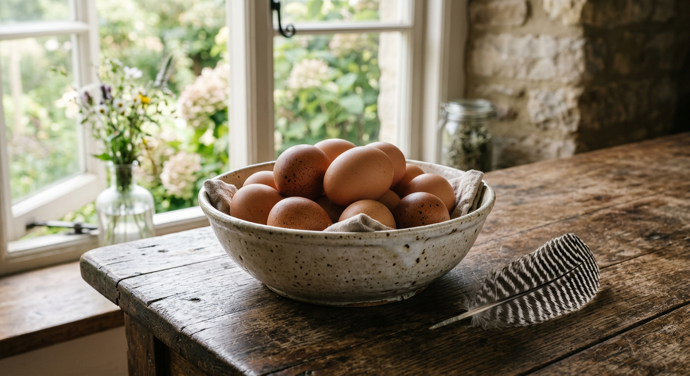 A ceramic bowl of large brown eggs on a rustic wooden table beside a single black-and-white barred feather