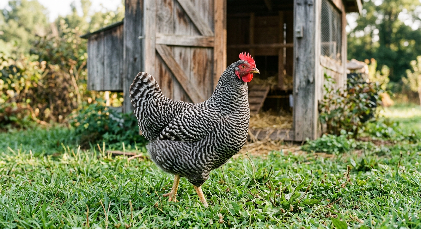 A Barred Plymouth Rock hen with crisp black-and-white barred plumage and a red single comb standing on grass in front of a wooden coop