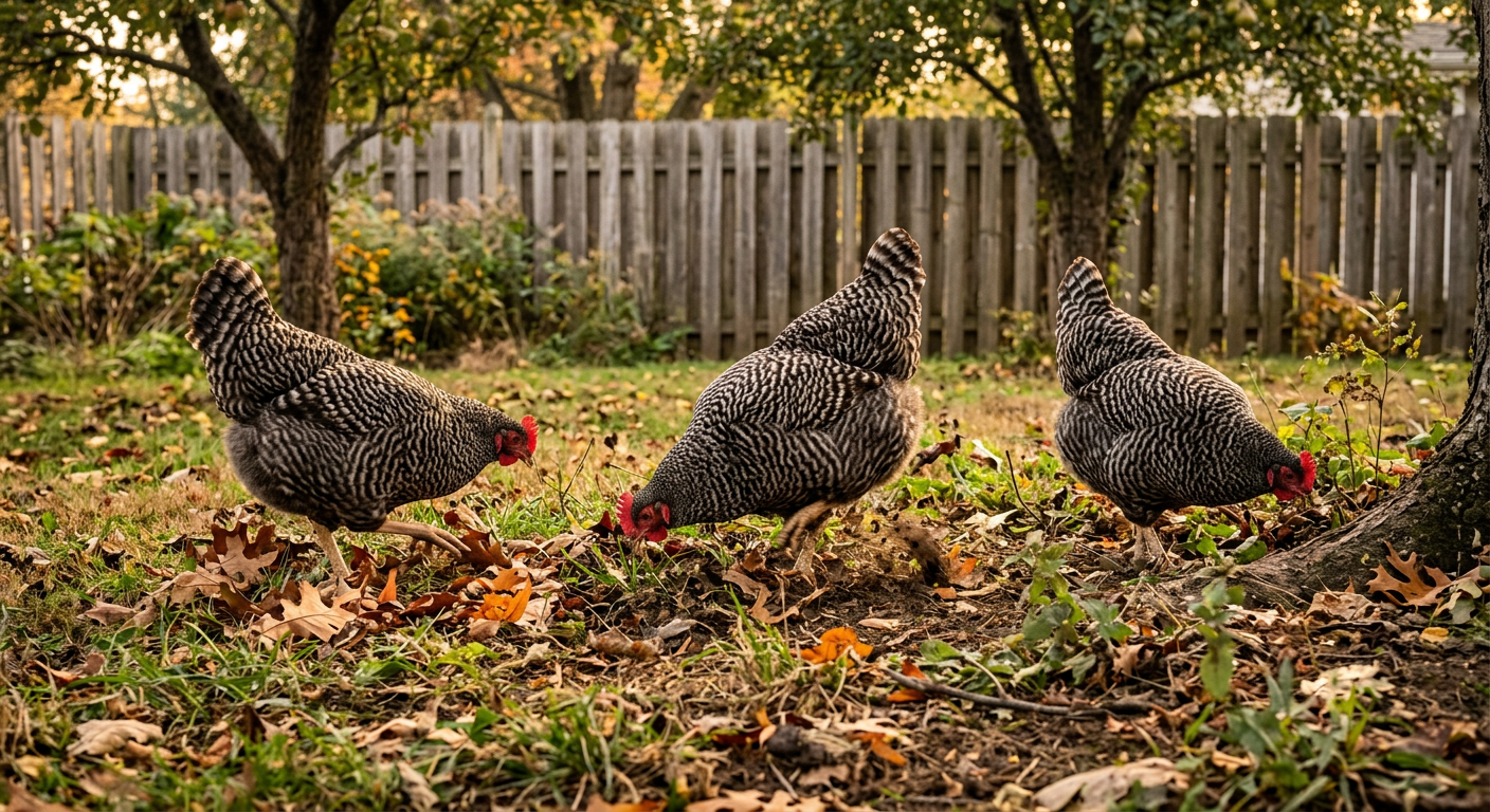Three Barred Rock hens scratching and foraging among fallen leaves in a grassy backyard orchard in golden afternoon light