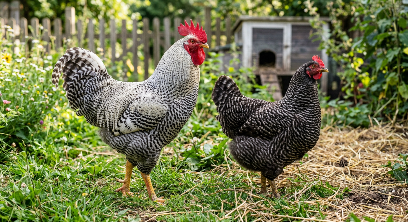 A Barred Plymouth Rock rooster with lighter, finer barring standing beside a darker Barred Rock hen in a backyard