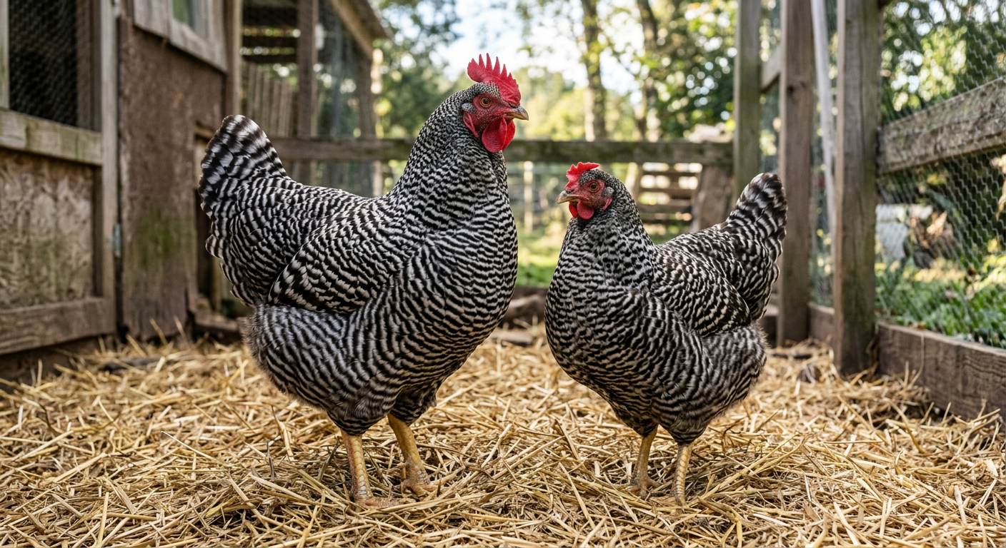 A larger Barred Plymouth Rock hen with an upright single comb beside a smaller Dominique hen with a low rose comb