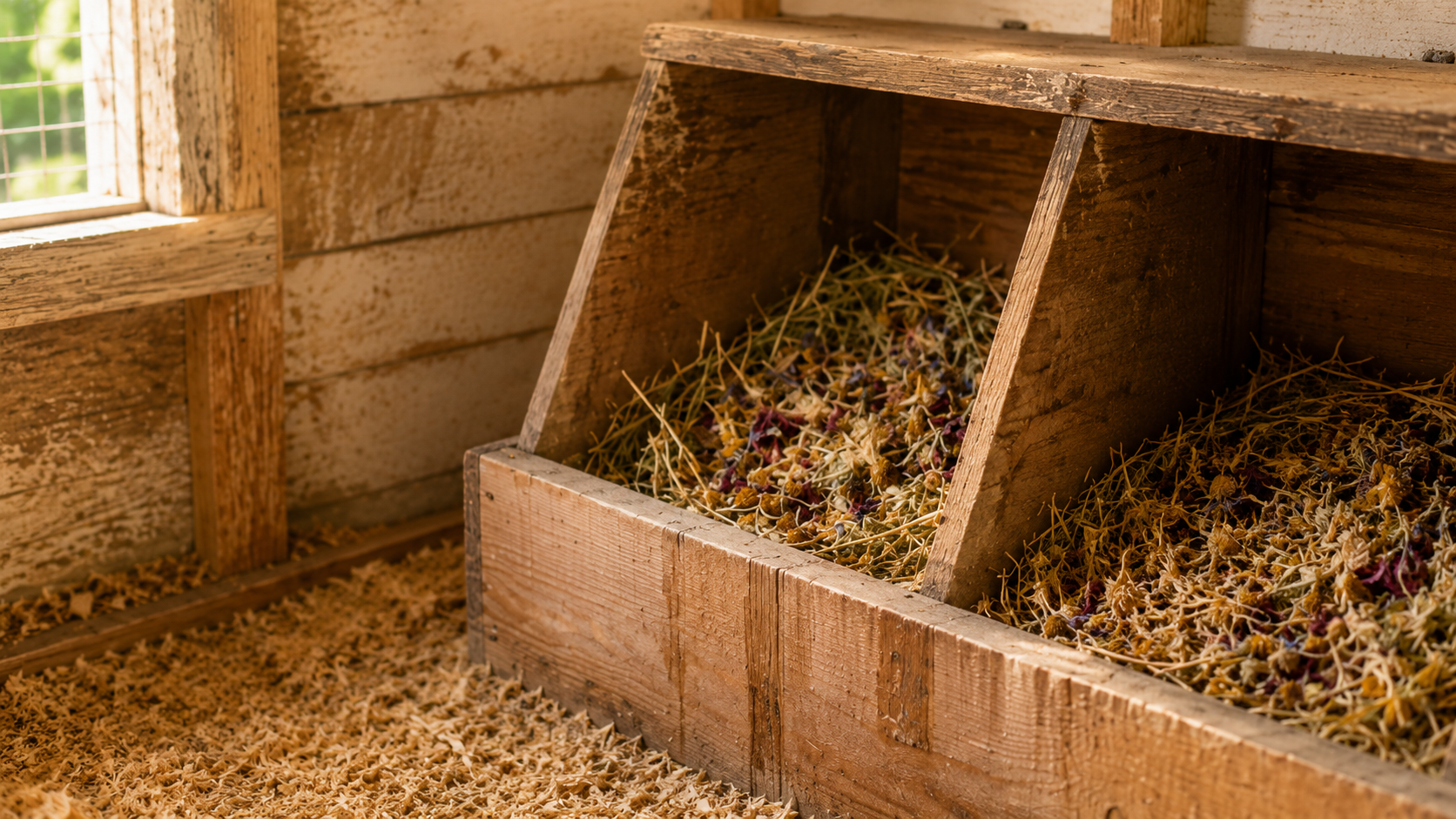 A rustic two-compartment wooden nesting box filled with straw and dried botanicals, including purple and gold flower petals, on a pine-shaving floor in a sunlit chicken coop