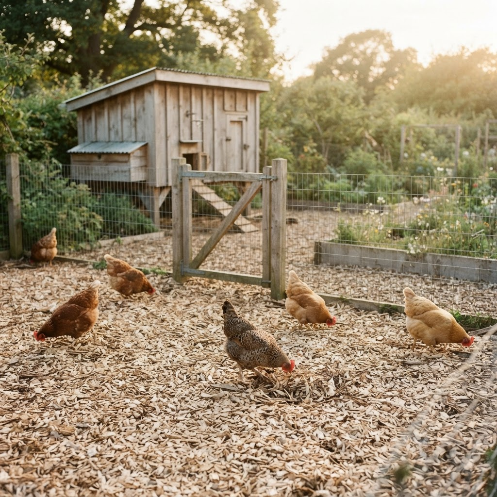 A spacious backyard chicken run with a wire-mesh fence and coarse wood-chip ground cover, several hens scratching and foraging through the surface in golden late-afternoon light