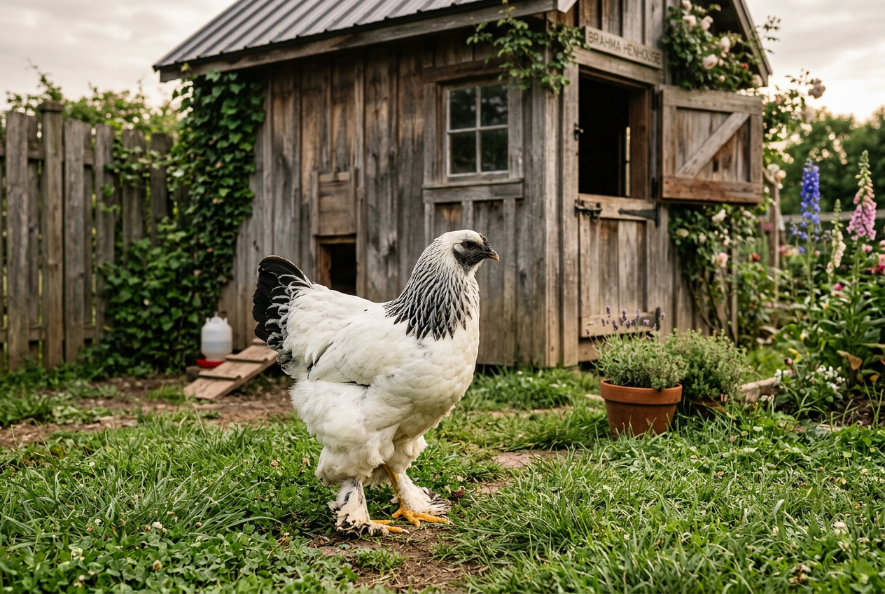 A large Light Brahma hen with white plumage, black-striped neck feathers and heavily feathered legs standing on grass in front of a wooden coop