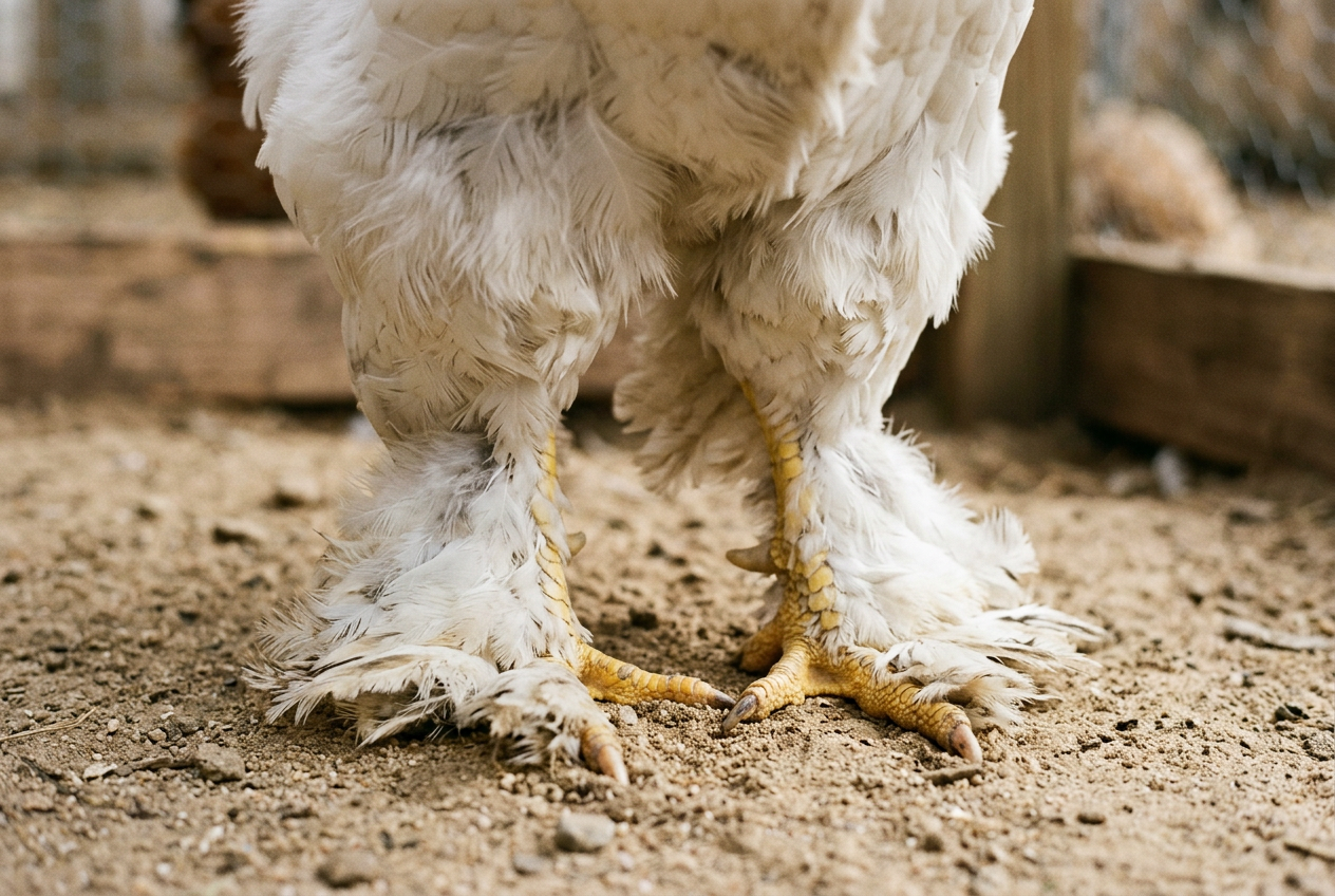 Close-up of a Light Brahma's heavily feathered legs and toes standing on clean dry sand in a chicken run