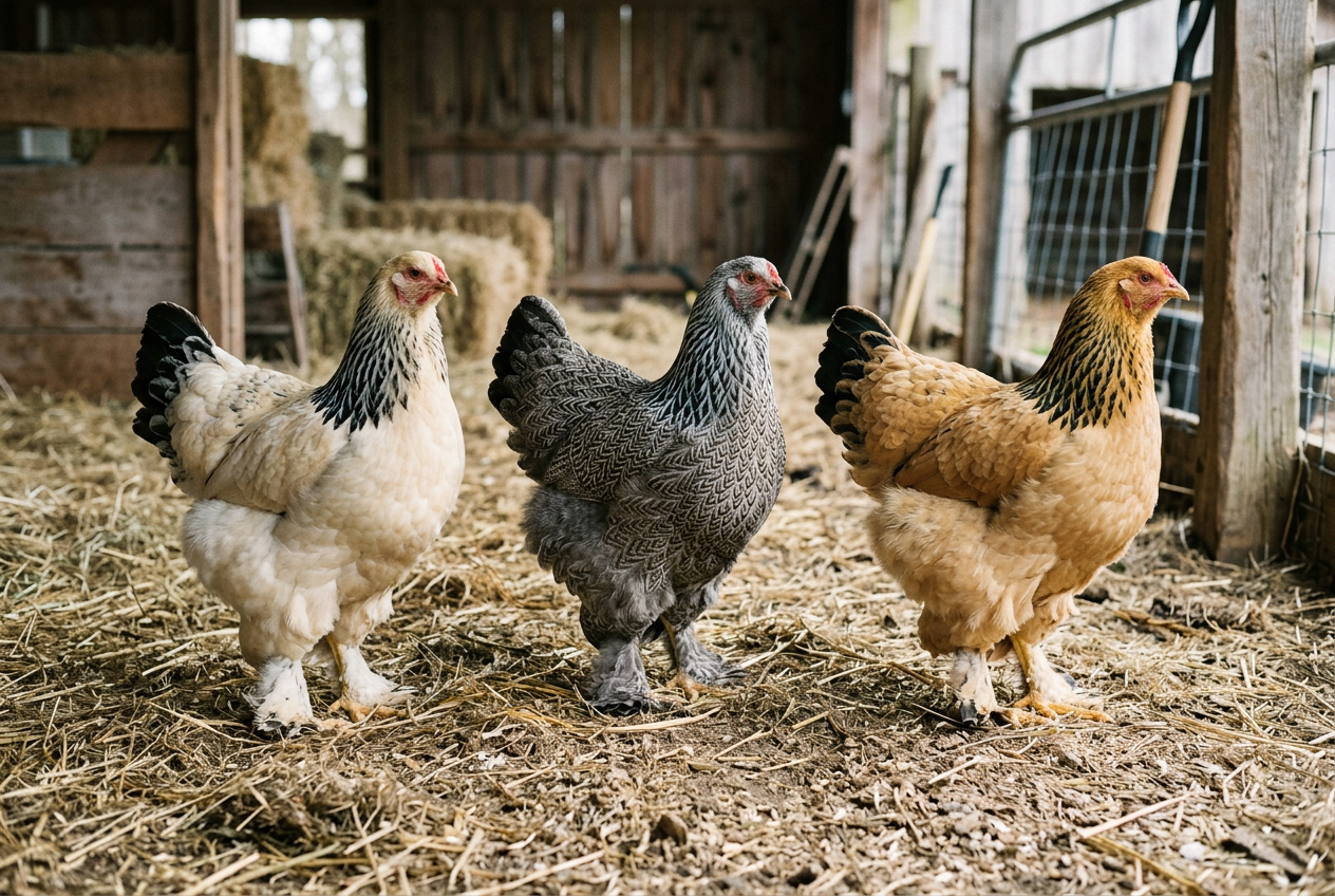 Three Brahma hens standing side by side on straw — a white Light Brahma, a penciled gray-and-black Dark Brahma, and a golden Buff Brahma, all with feathered legs