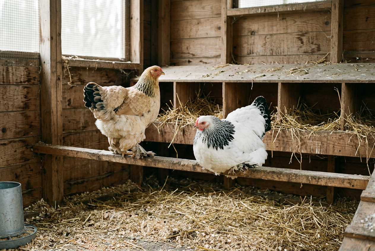 Two large Brahma hens perched on a wide, sturdy wooden roost mounted about a foot above a floor of pine shavings, with large low nesting boxes nearby