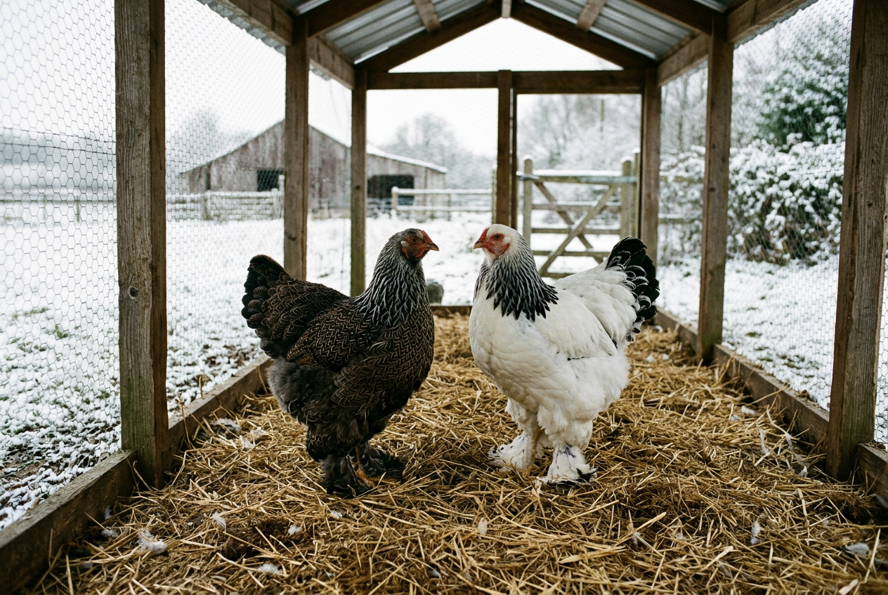 A Dark Brahma and a Light Brahma hen standing on dry straw inside a covered run, with light snow on the ground outside