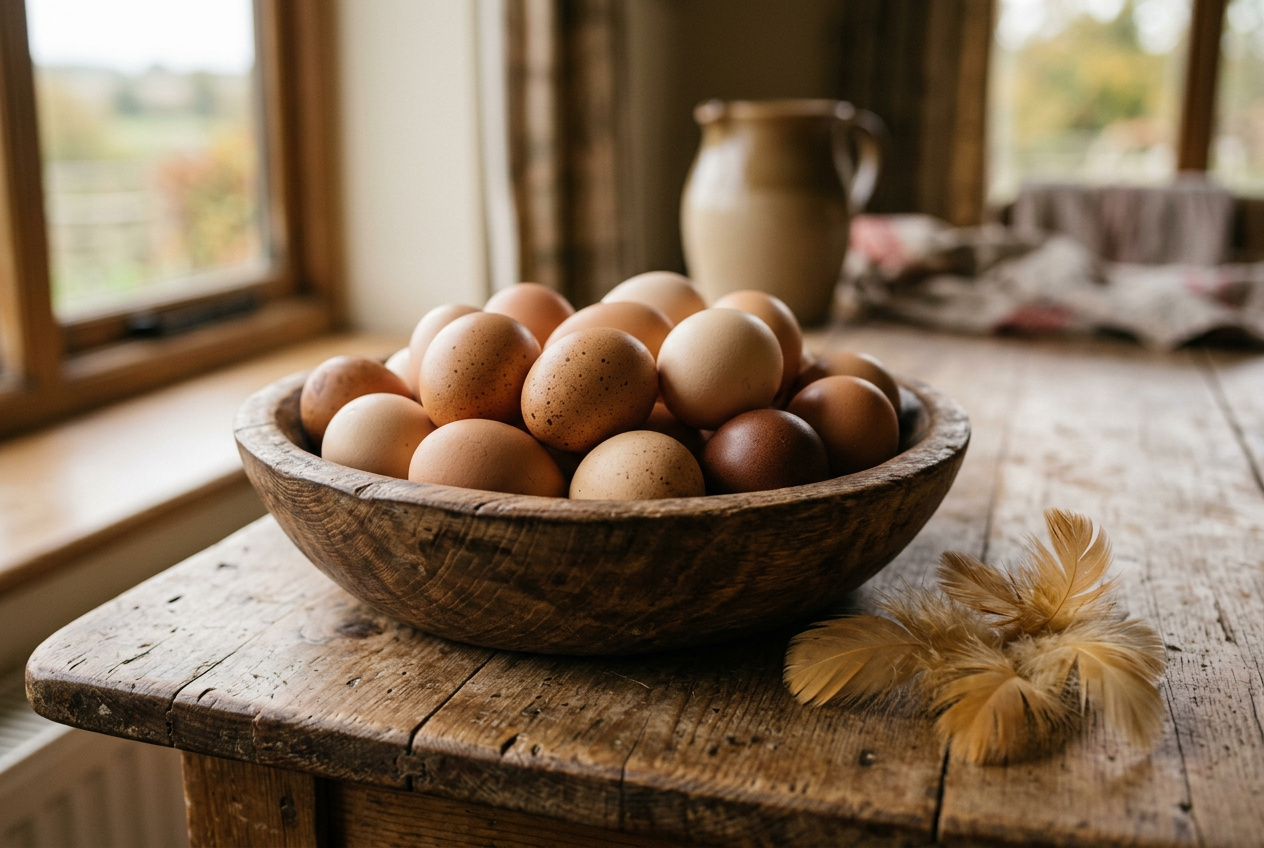 A rustic wooden bowl of large brown eggs in shades from light tan to deep brown beside a few golden buff feathers