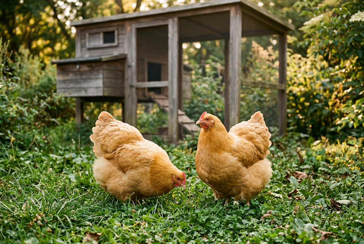 Two large, round golden-buff Buff Orpington hens standing on green grass in a backyard with a wooden coop softly blurred behind them