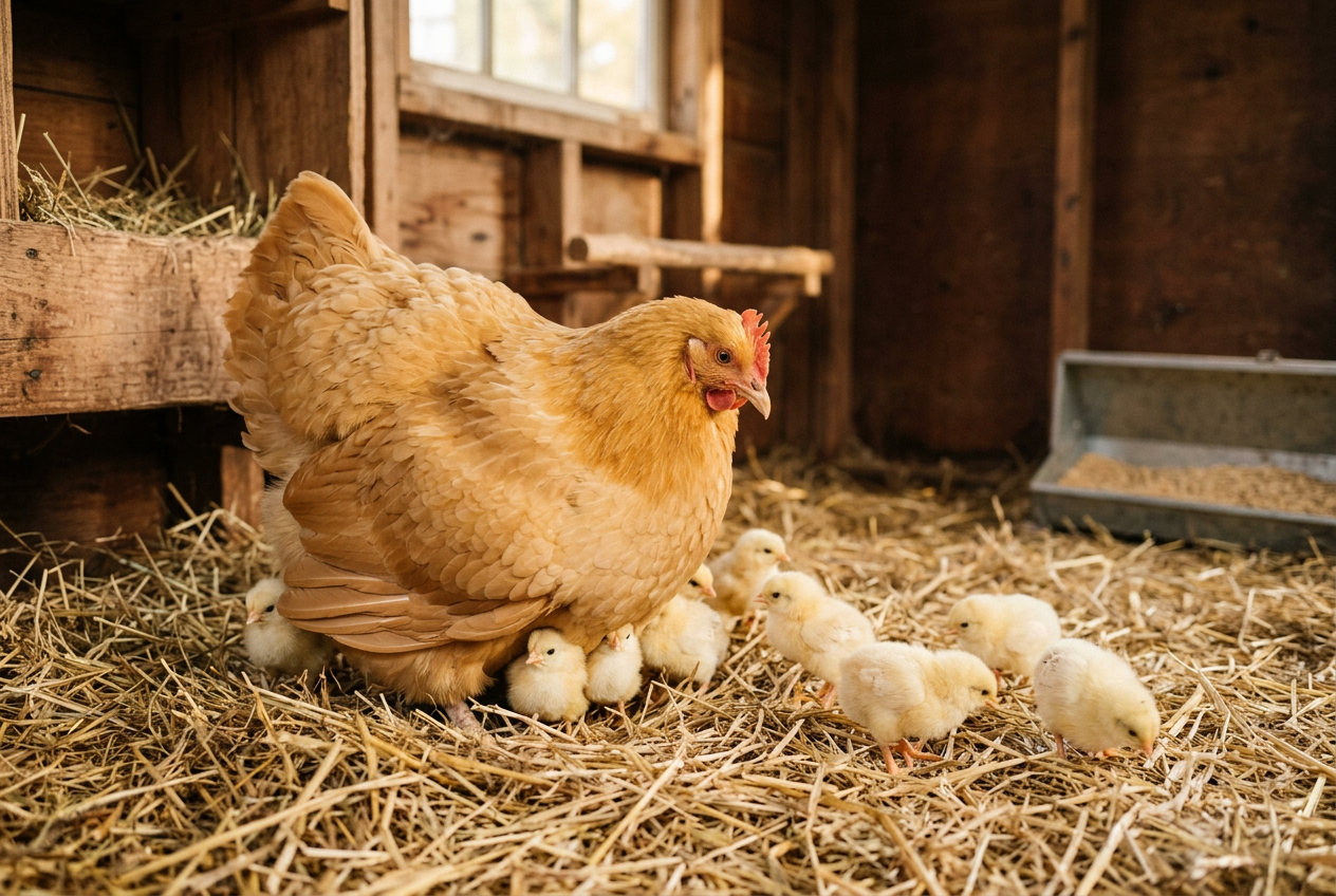 A large golden-buff Buff Orpington mother hen standing in straw with fluffy yellow chicks gathered around and beneath her