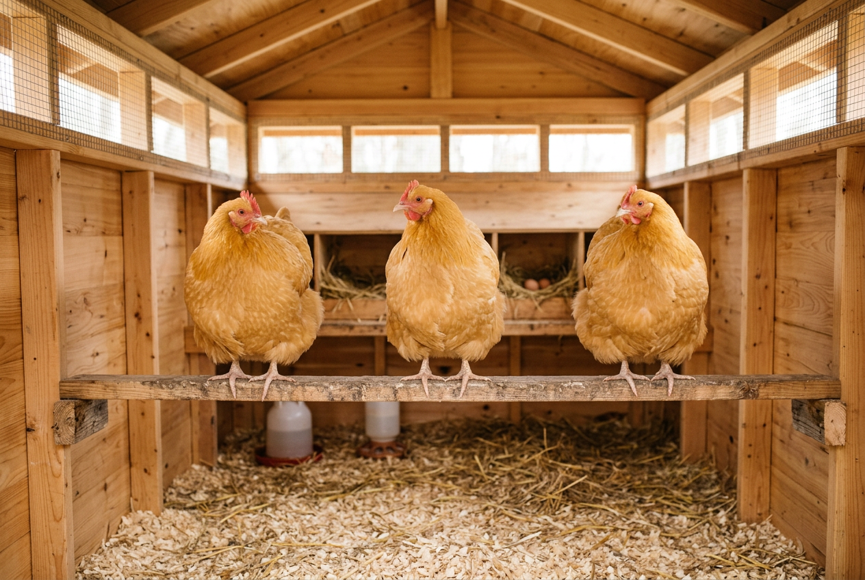 Three large golden-buff Buff Orpington hens perched side by side on a wide, sturdy wooden roost at moderate height inside an airy coop