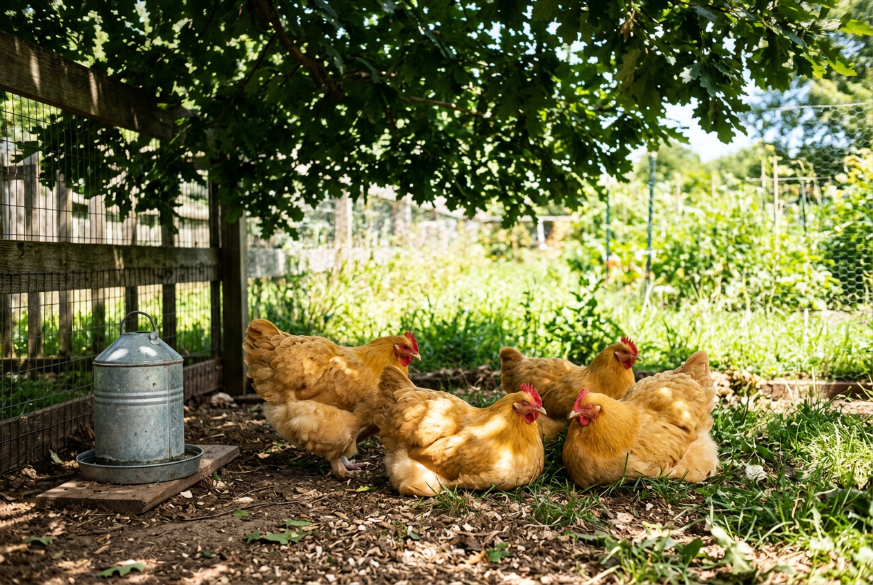 Golden-buff Buff Orpington hens resting in the cool shade of a leafy tree in a backyard run on a bright summer day, with a waterer nearby