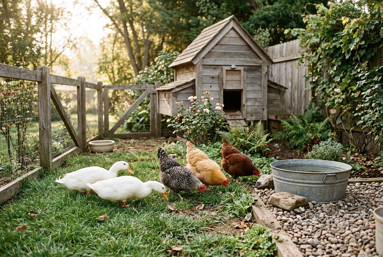 Backyard hens and two white Pekin ducks foraging together in a fenced run beside a wooden coop and a gravel-based water tub