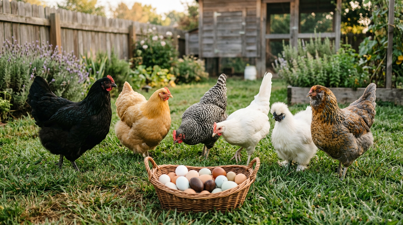 Mixed flock of chicken breeds beside a basket of colorful eggs