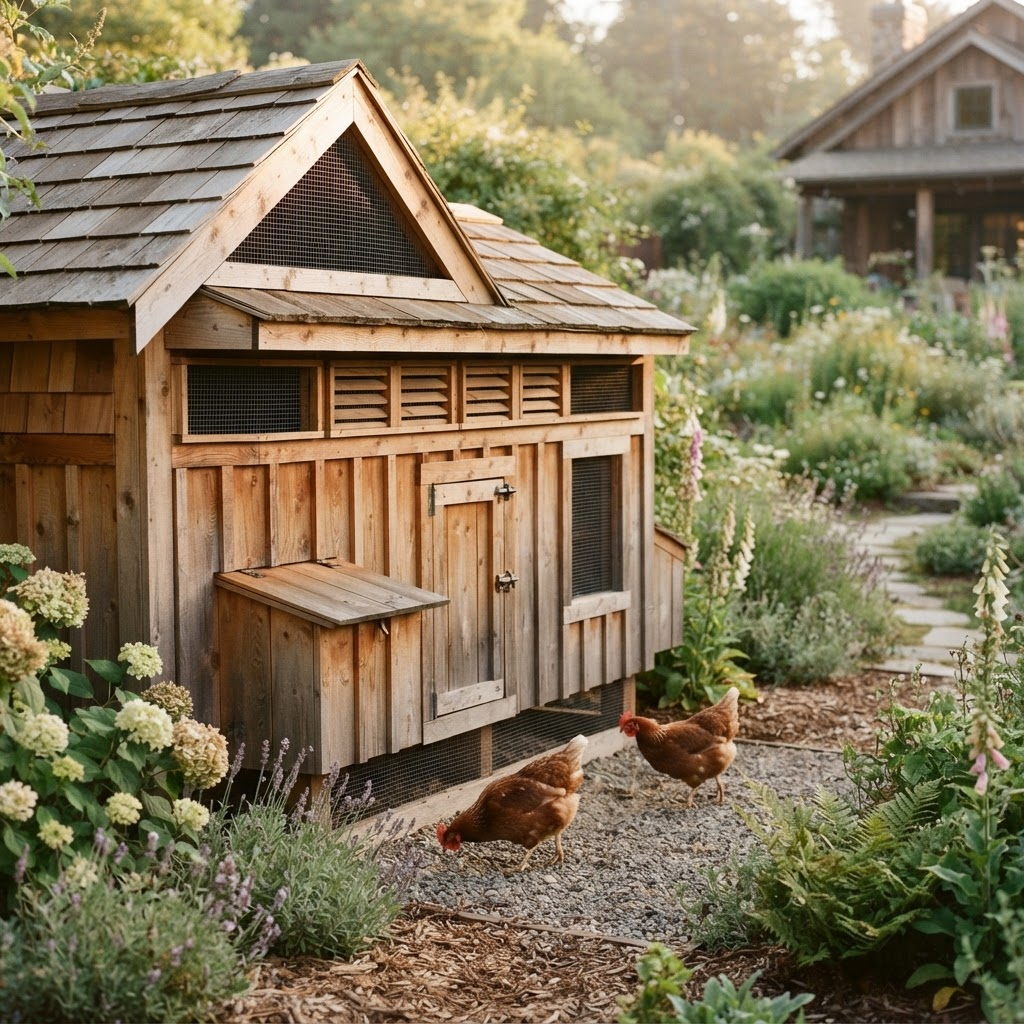 Wooden chicken coop with high vents under the roofline
