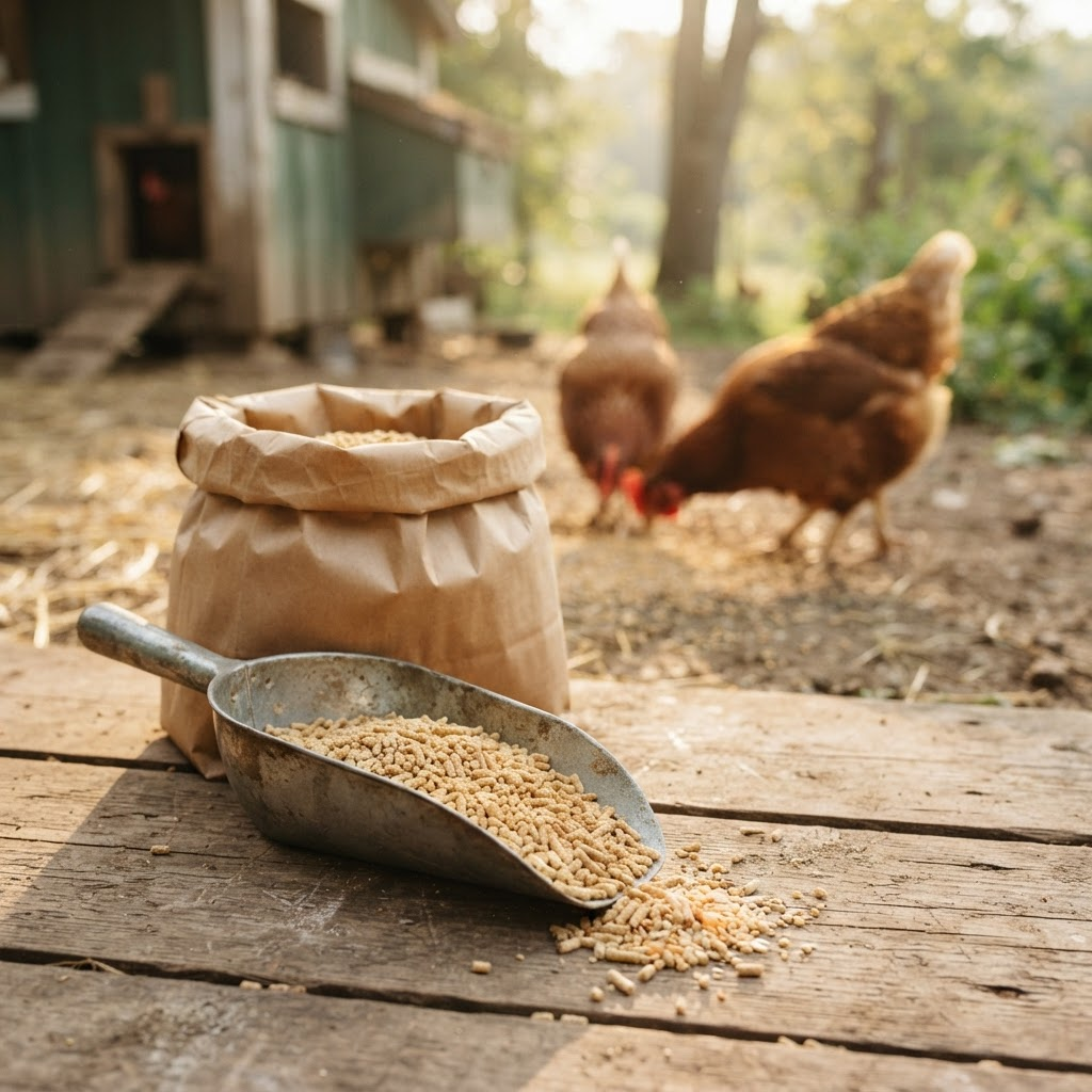 Hens eating layer feed from a galvanized feeder