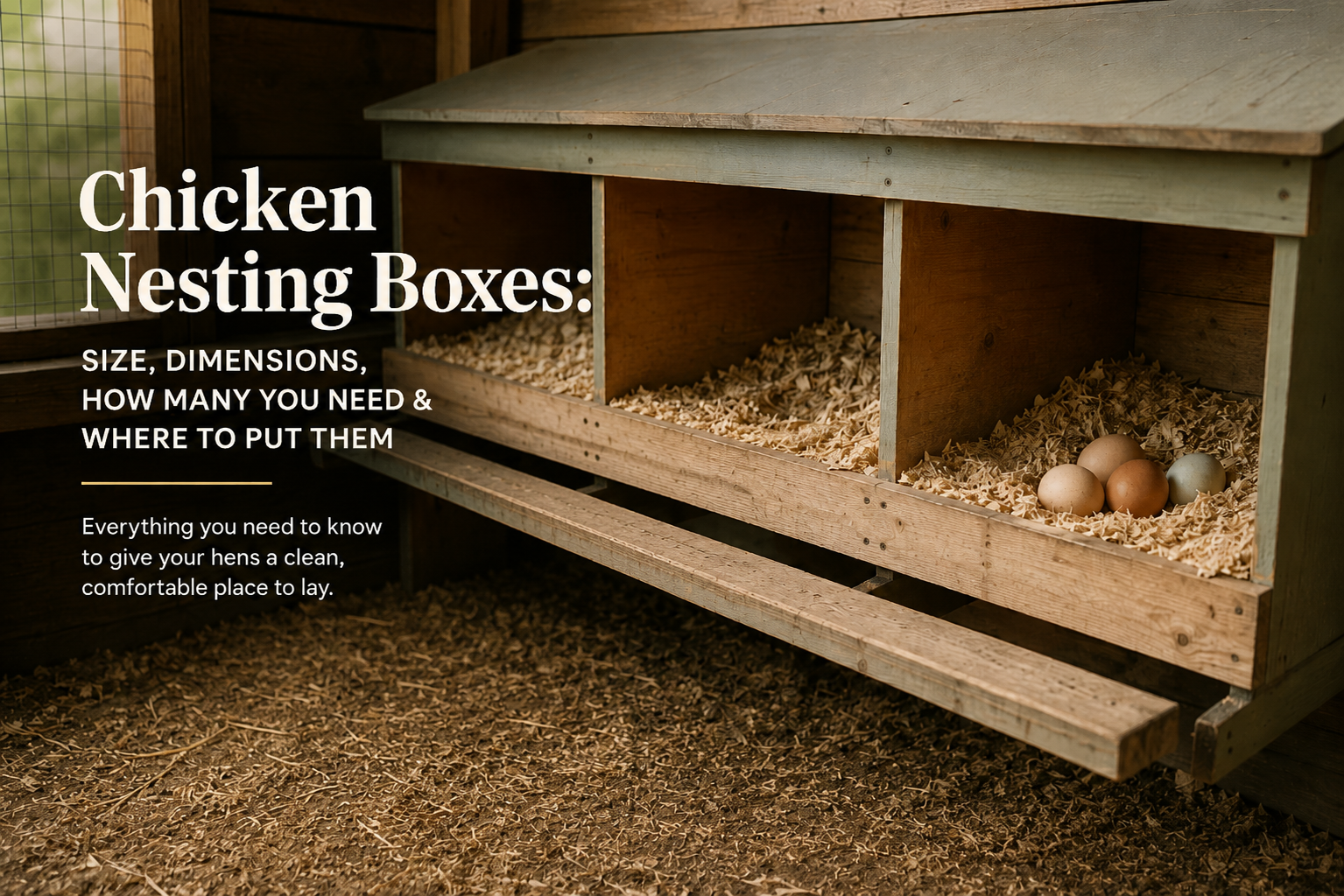 Wooden three-compartment chicken nesting box filled with pine shavings, with several eggs resting in one nest
