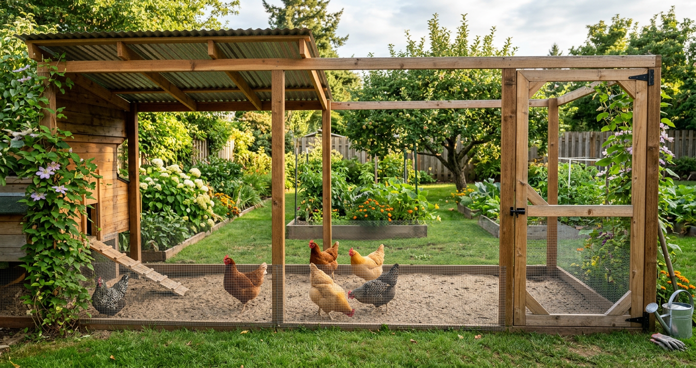 Covered chicken run built from hardware cloth and lumber