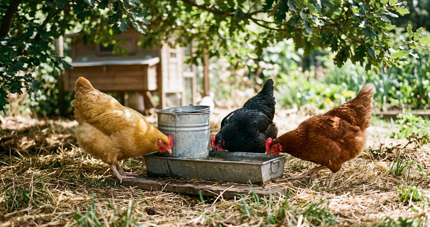 Hens drinking from a galvanized poultry waterer in the shade