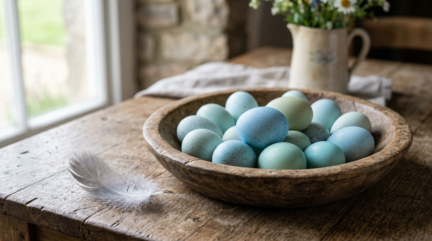 A wooden bowl of sky-blue and pale blue-green chicken eggs beside a gray feather