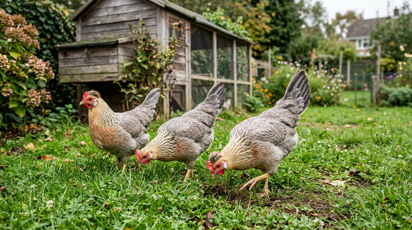 Three Cream Legbar hens with small crests and gray-cream barred feathers foraging on grass in front of a wooden coop