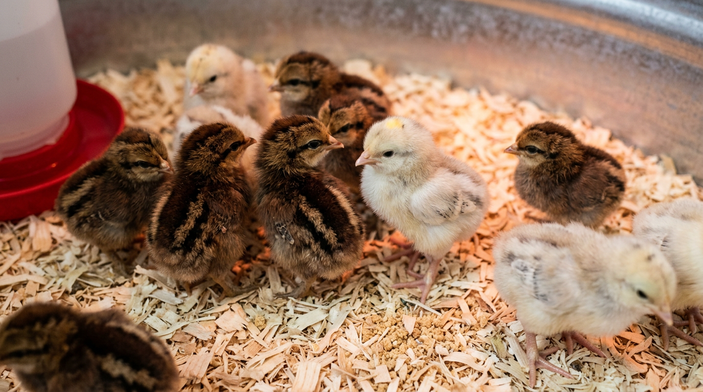 Day-old Cream Legbar chicks in a brooder, some dark with sharp chipmunk stripes and some paler with blurred stripes