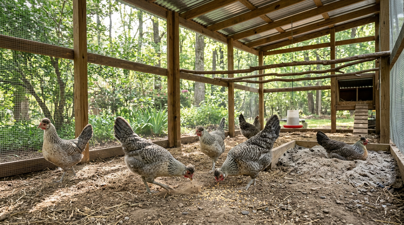 Cream Legbar hens foraging inside a spacious covered run with perches and a dust bathing area