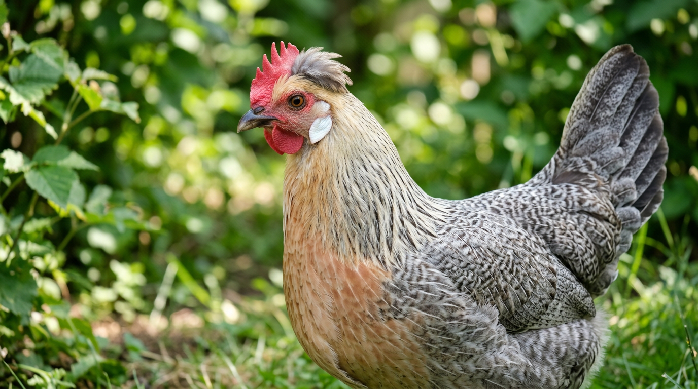 Profile of a Cream Legbar hen showing a red single comb, small crest, white earlobe and cream hackle feathers