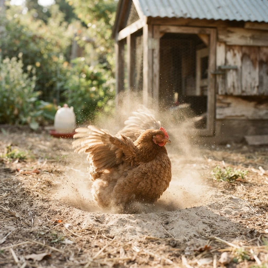 A brown backyard hen mid dust-bath in a shallow bed of dry soil and pale sand, wings spread and fine dust rising in golden afternoon light, with a rustic coop blurred behind