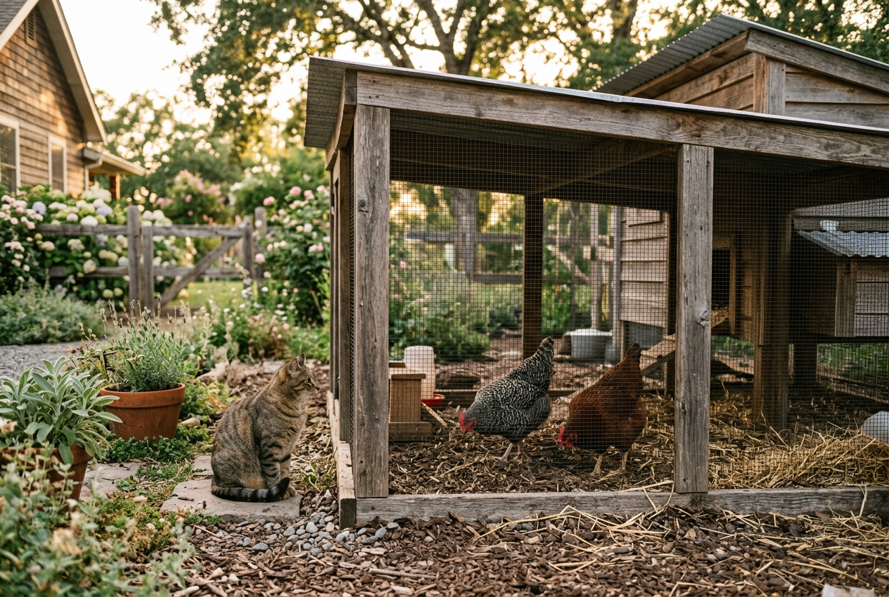 A relaxed tabby cat sitting outside a covered wooden chicken run with hardware-cloth walls, watching two adult hens scratching inside