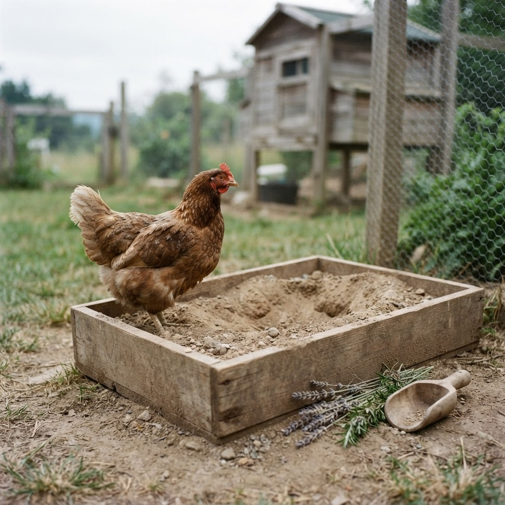A backyard hen beside a wooden dust bath box filled with dry soil, with sprigs of dried lavender and rosemary nearby