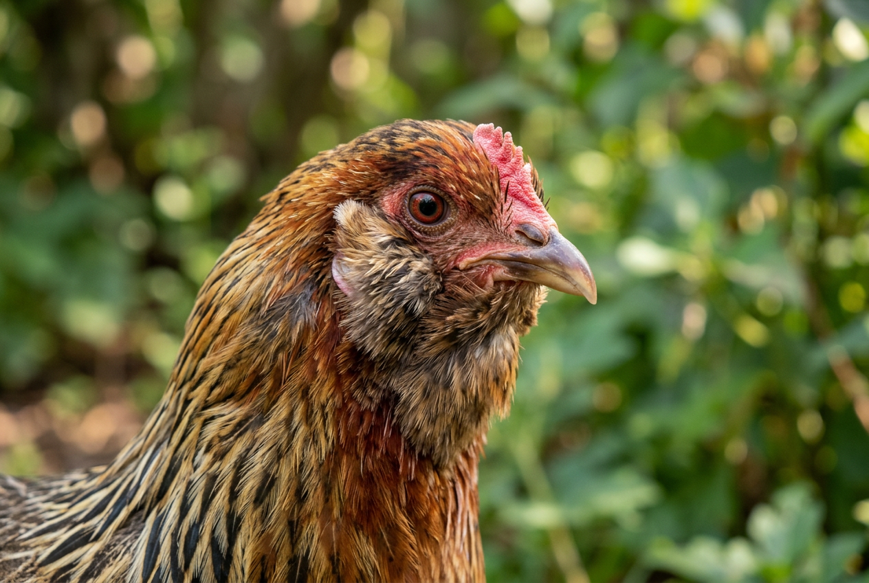 Close-up of an Easter Egger hen's head showing a small pea comb, a fluffy feathered beard and cheek muffs in reddish-brown and gold plumage