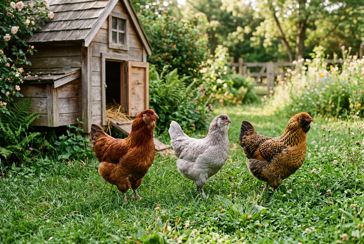 Three Easter Egger hens of different appearances — one reddish-brown with a fluffy beard, one soft gray and one gold-and-black patterned — standing on grass near a wooden coop