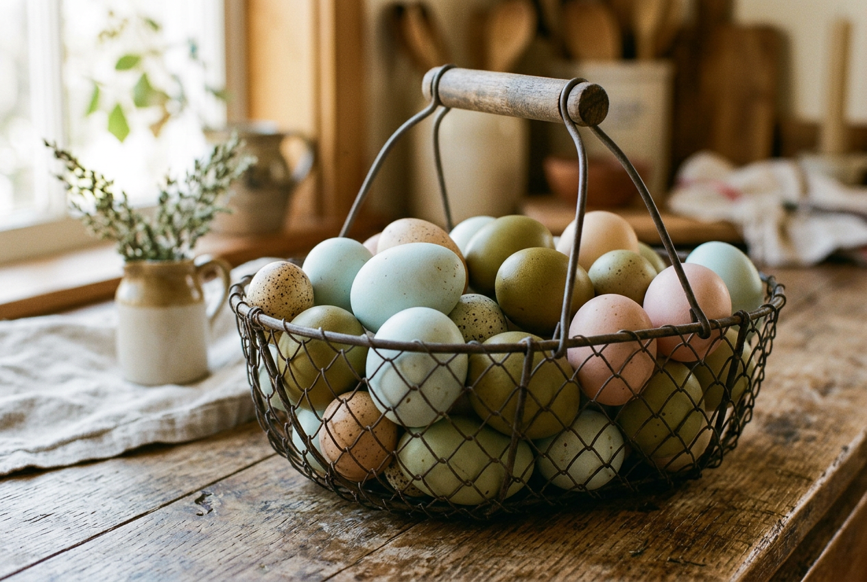 A rustic basket on a wooden farmhouse table filled with eggs in pale blue, blue-green, sage green, olive, light tan and soft pinkish shells