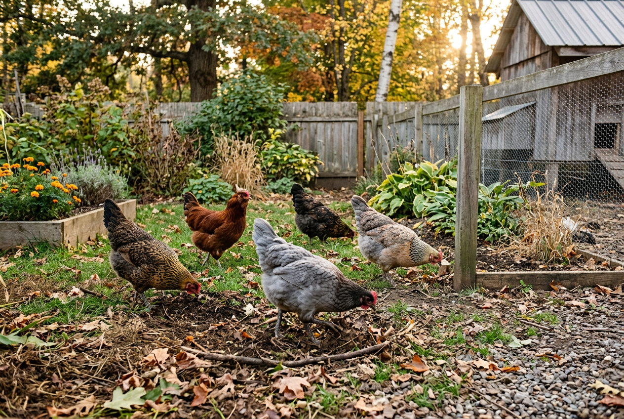 A small mixed flock of varied-looking Easter Egger hens scratching and foraging in a spacious fenced backyard run in golden late-afternoon light