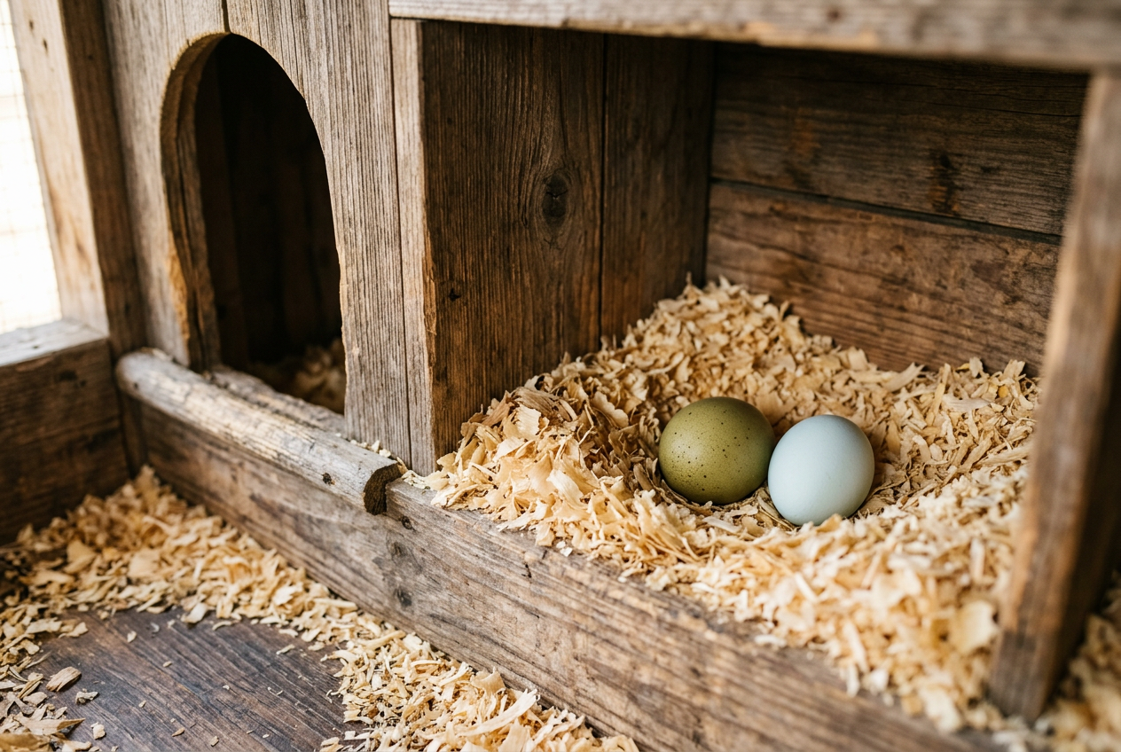 Inside a clean wooden nesting box with pine shavings, a fresh green egg and a pale blue egg rest in the bedding