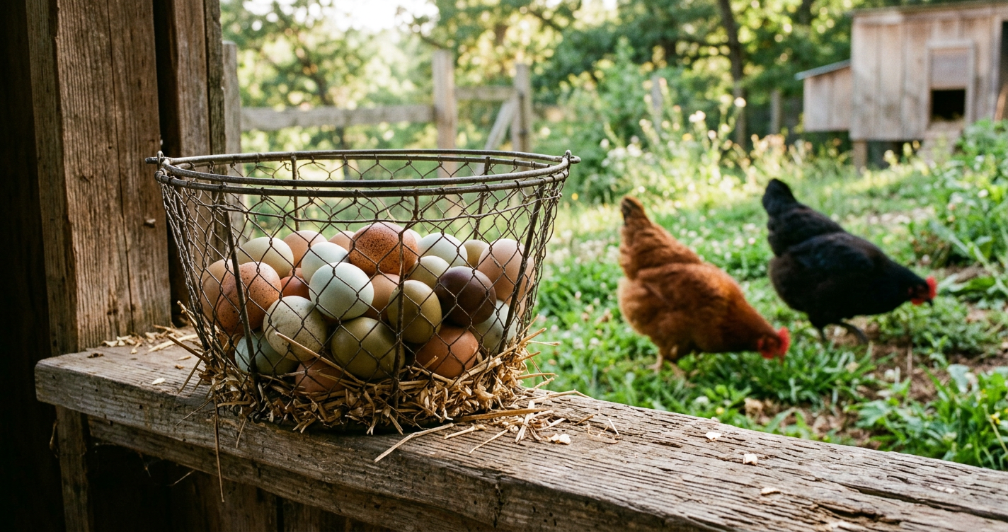Basket of fresh brown and tinted eggs beside backyard hens