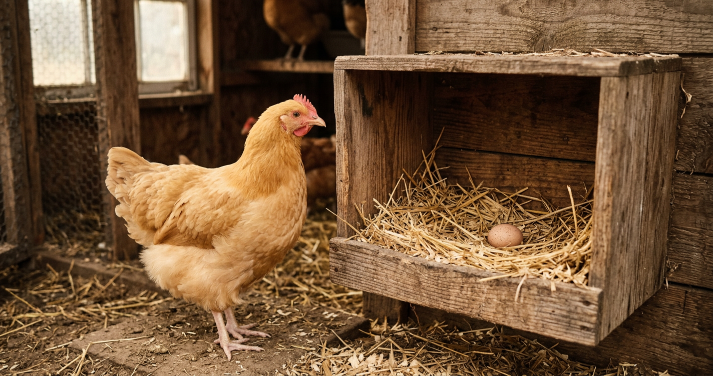 Young pullet beside a straw-lined nesting box holding a small brown egg