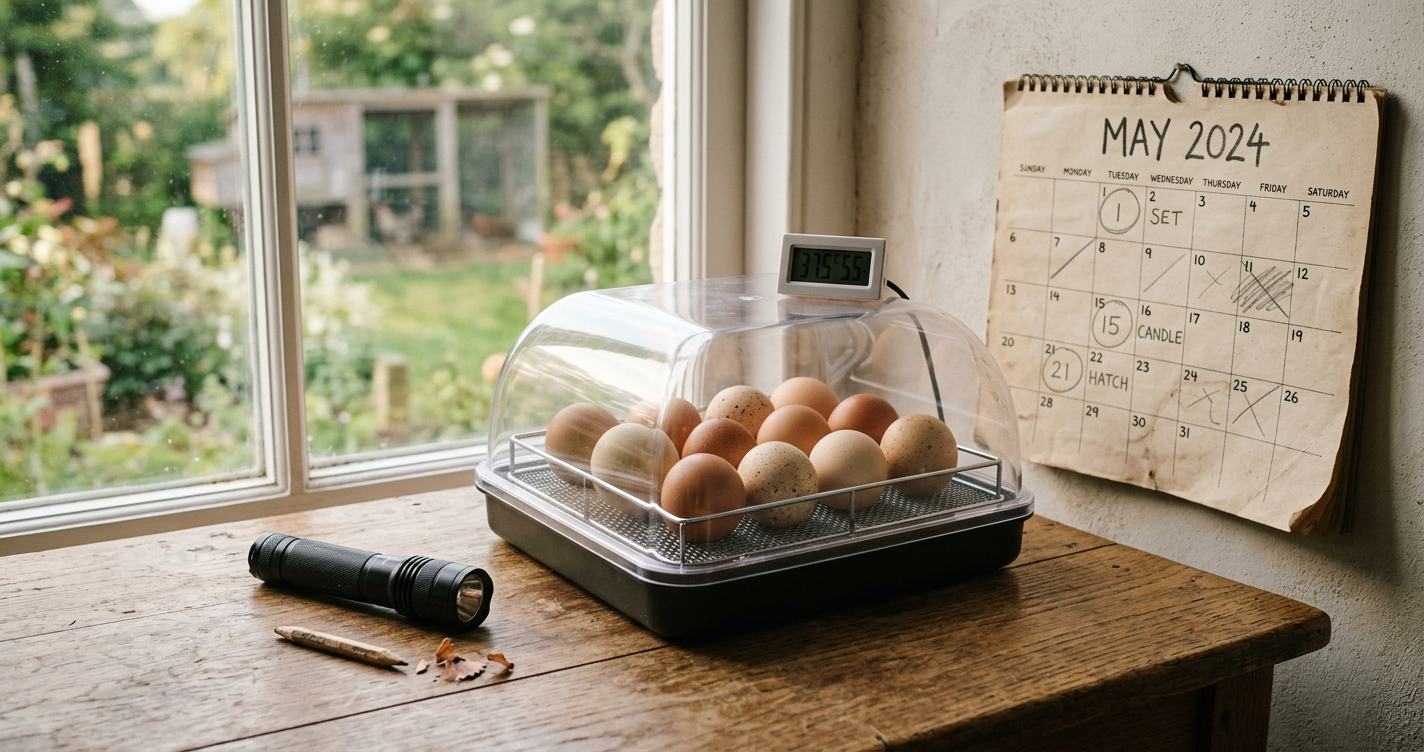 Fertile eggs in an incubator with a newly hatched chick